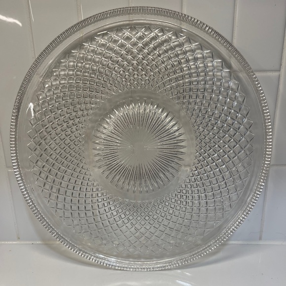 Other - Vintage Pressed Glass Serving Plate Sunburst Diamond Pattern Clear Round 10”